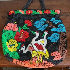 Vintage/New Condition Colorful Beaded Hobo Cinch Close Bag/Purse w Crane Motif
